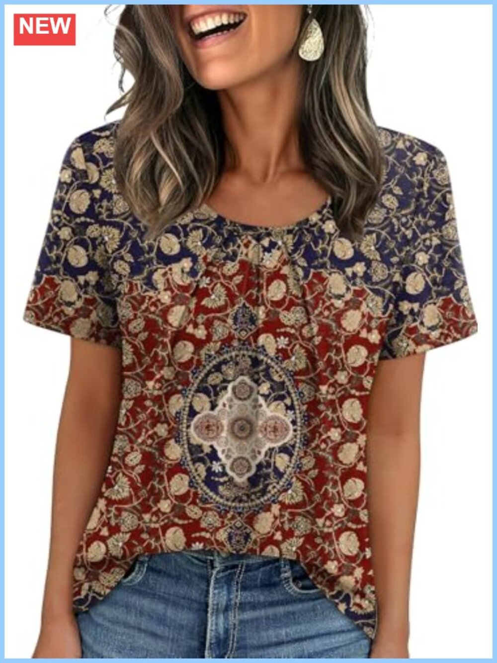 Womens Pleated Scoop Neck Short Sleeve Top Business Casual Blouse